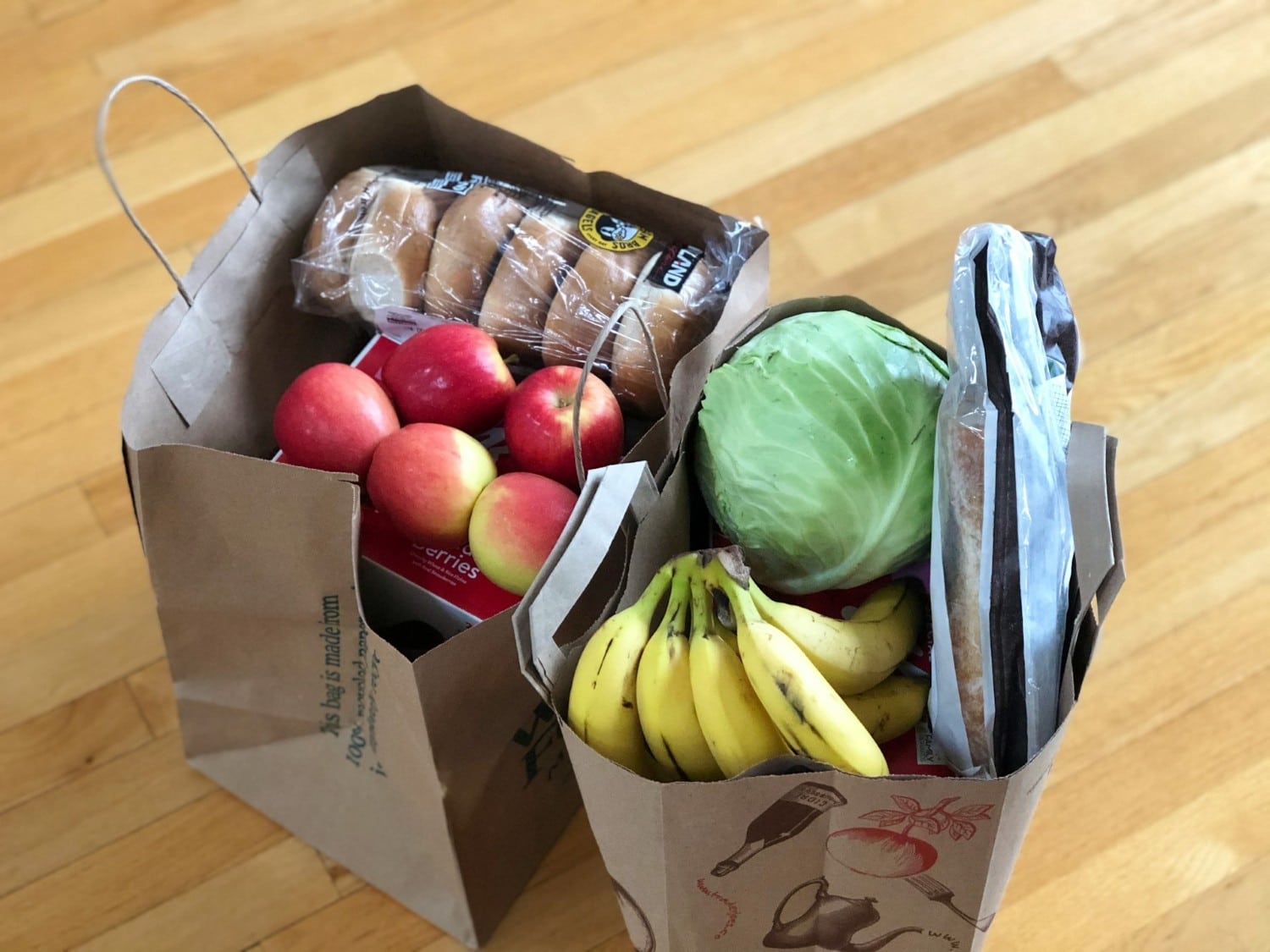groceries in paper bags on hardwood floor