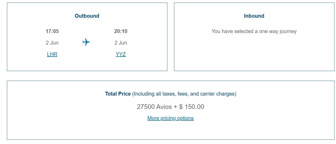 london heathrow to toronto economy british airways avios redemption
