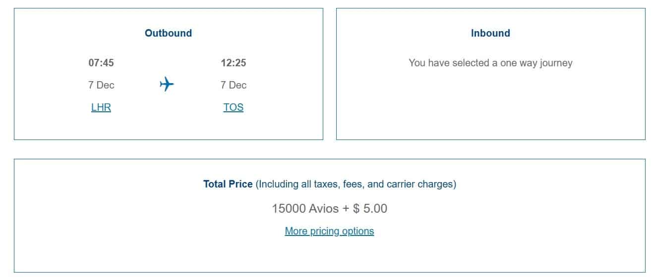 london heathrow to tromso norway economy class avios redemption