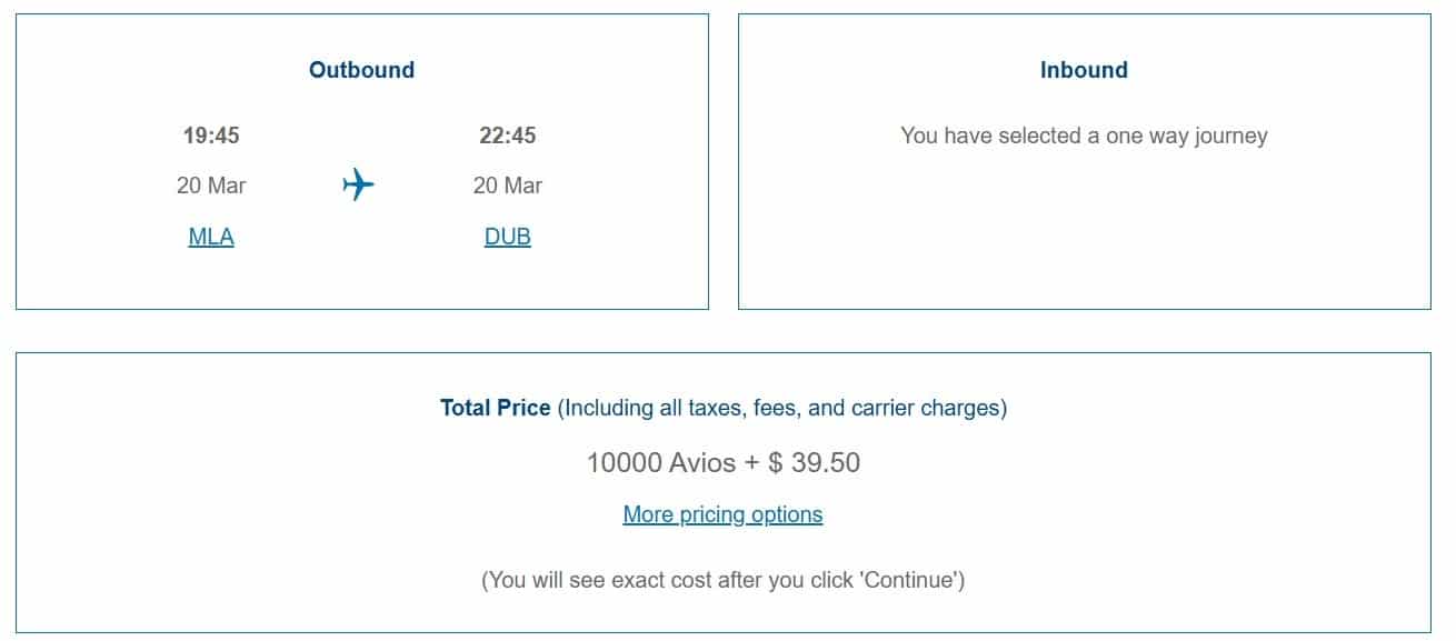 malta to dublin economy class redemption with avios