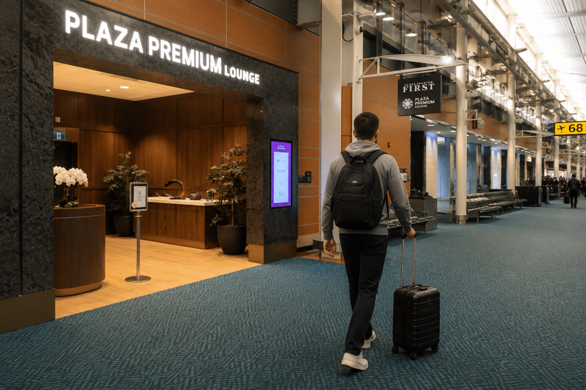 man walking by plaza premium lounge