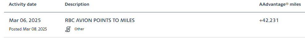 miles transferred from rbc avion posted in aadvantage account