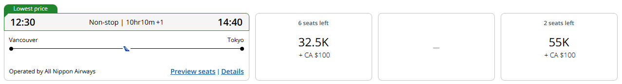 vancouver to tokyo narita on ana business class booked with aeroplan points pricing