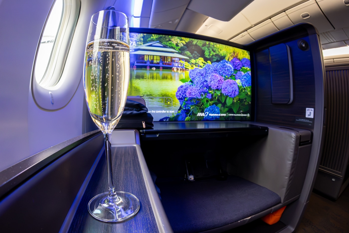 ana the suite first class champagne with entertainment console in background