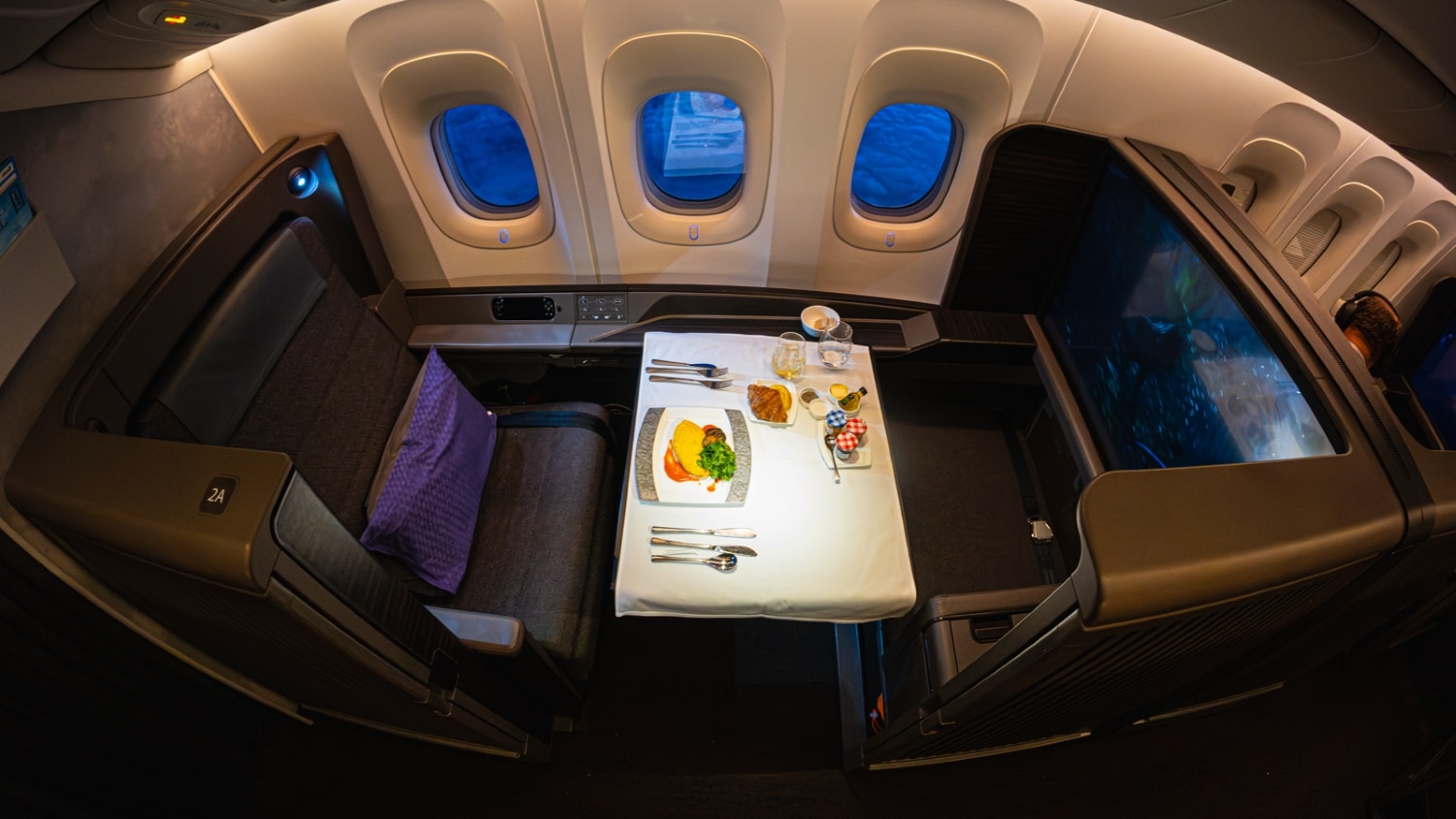 ana the suite first class seat overview with meal plated