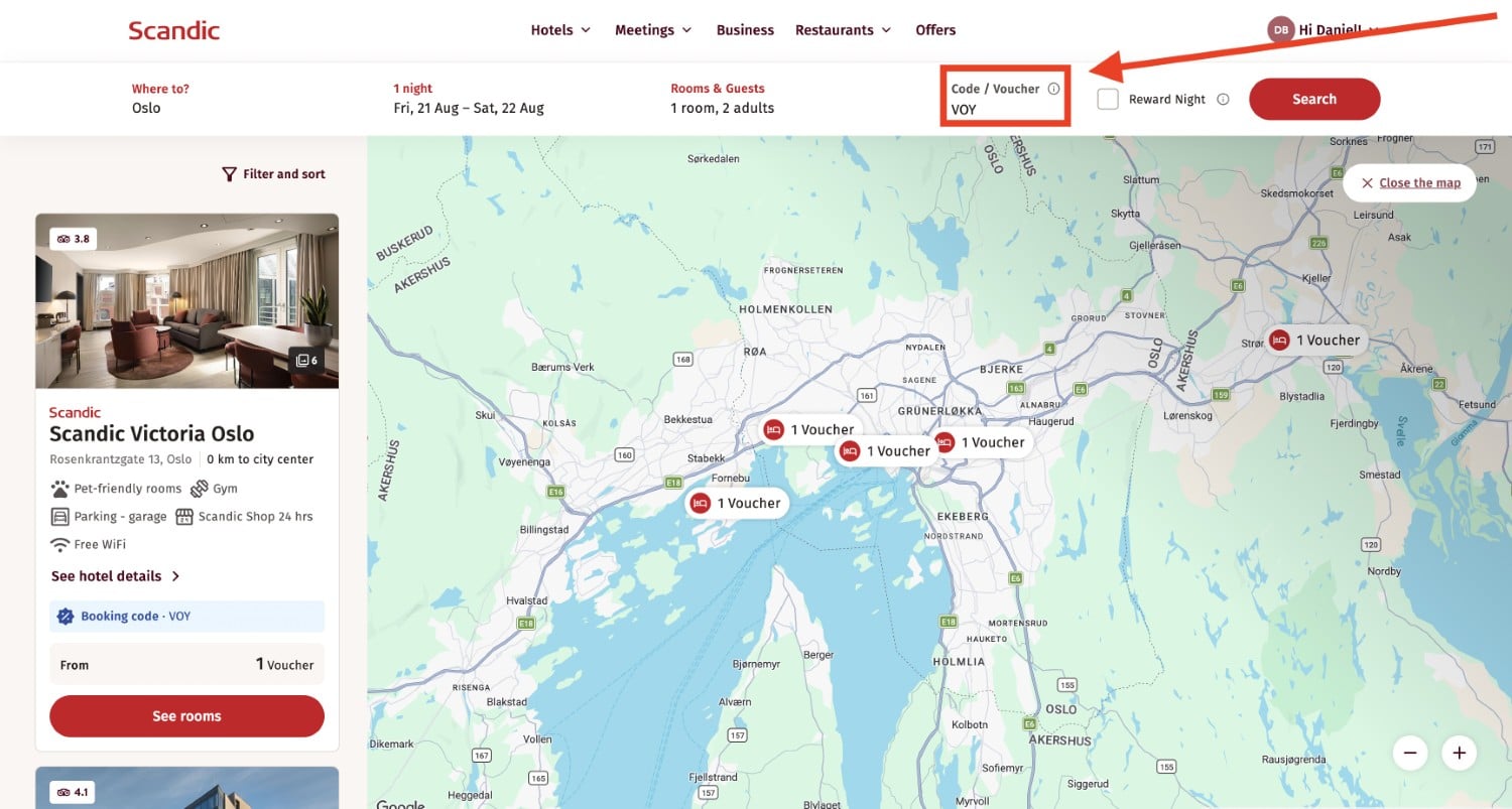 scandic hotels search results with voucher promo code