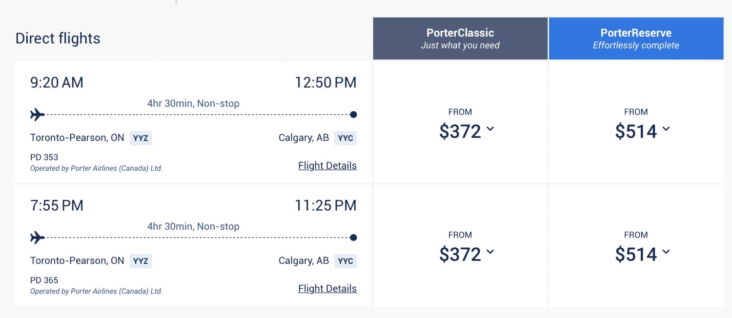 toronto to calgary on porter airlines porterclassic vs porterreserve cash fare comparison