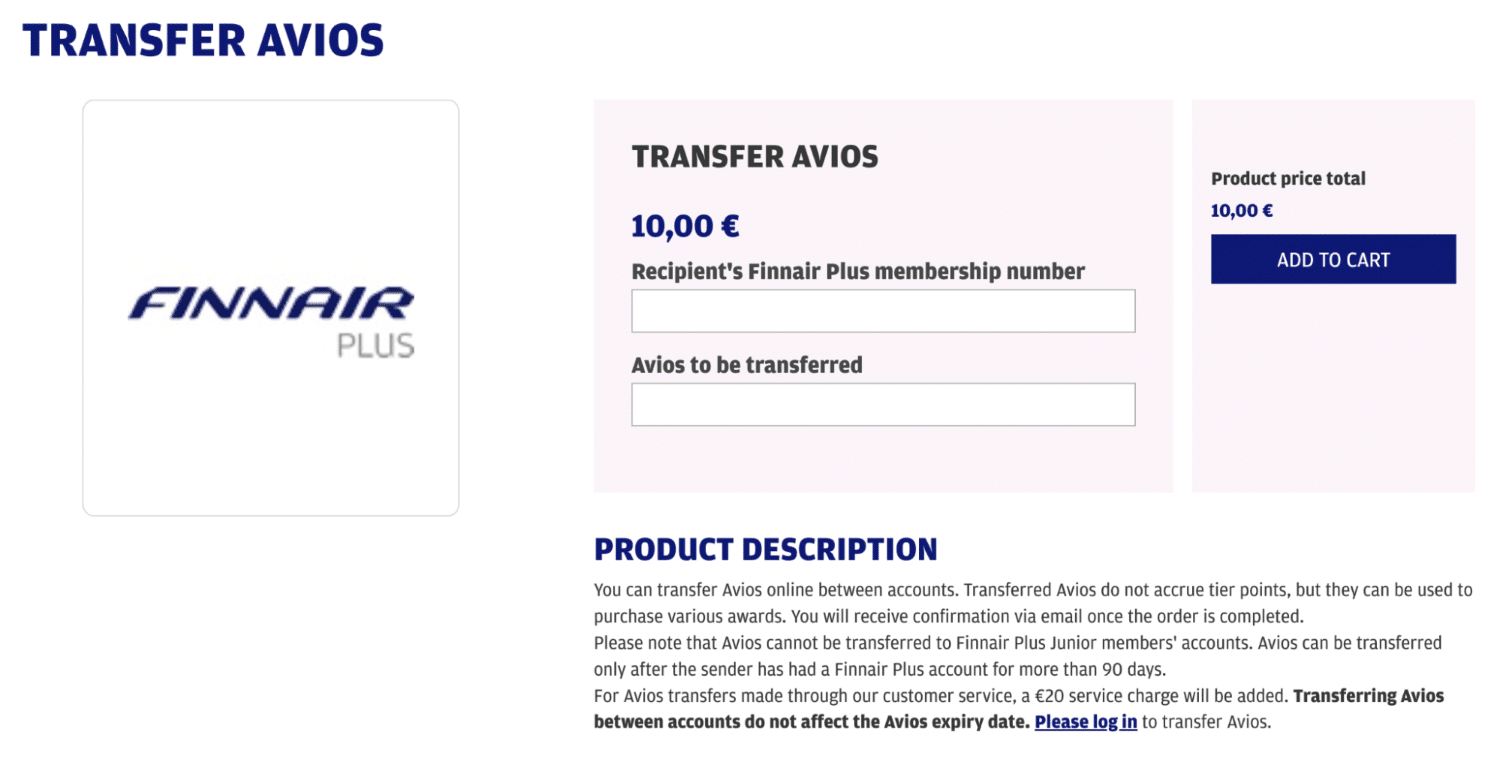 transfer finnair avios between accounts with euro cost