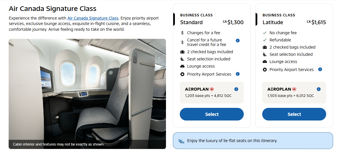 air canada business class fare classes for standard and latitude