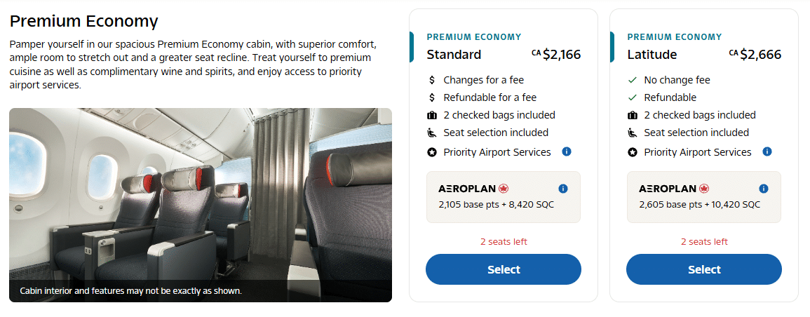 air canada premium economy fare classes for standard and latitude
