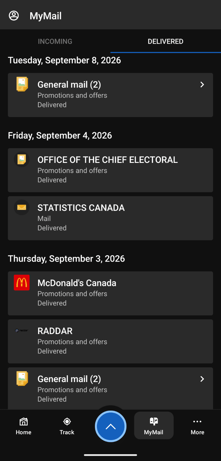 canada post mymail summary of letters delivered