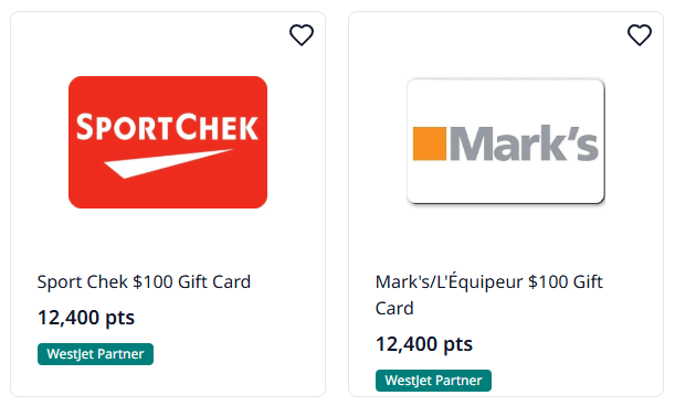 redeem westjet points for westjet partner gift cards with pricing