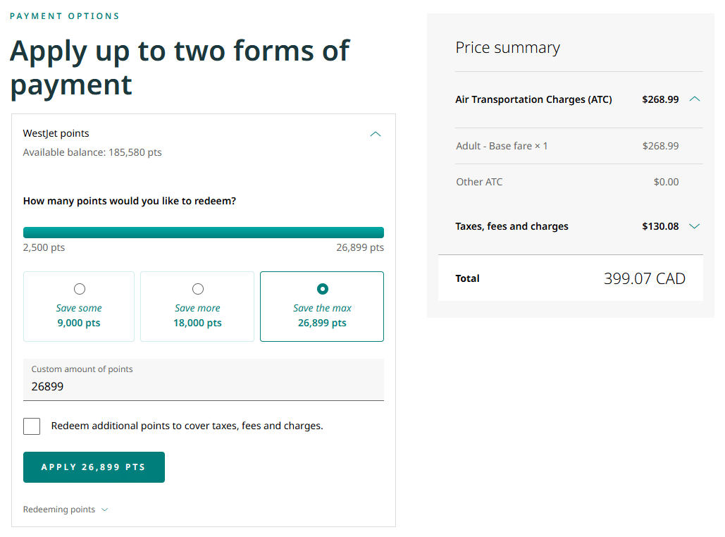 redeeming westjet points for base fare