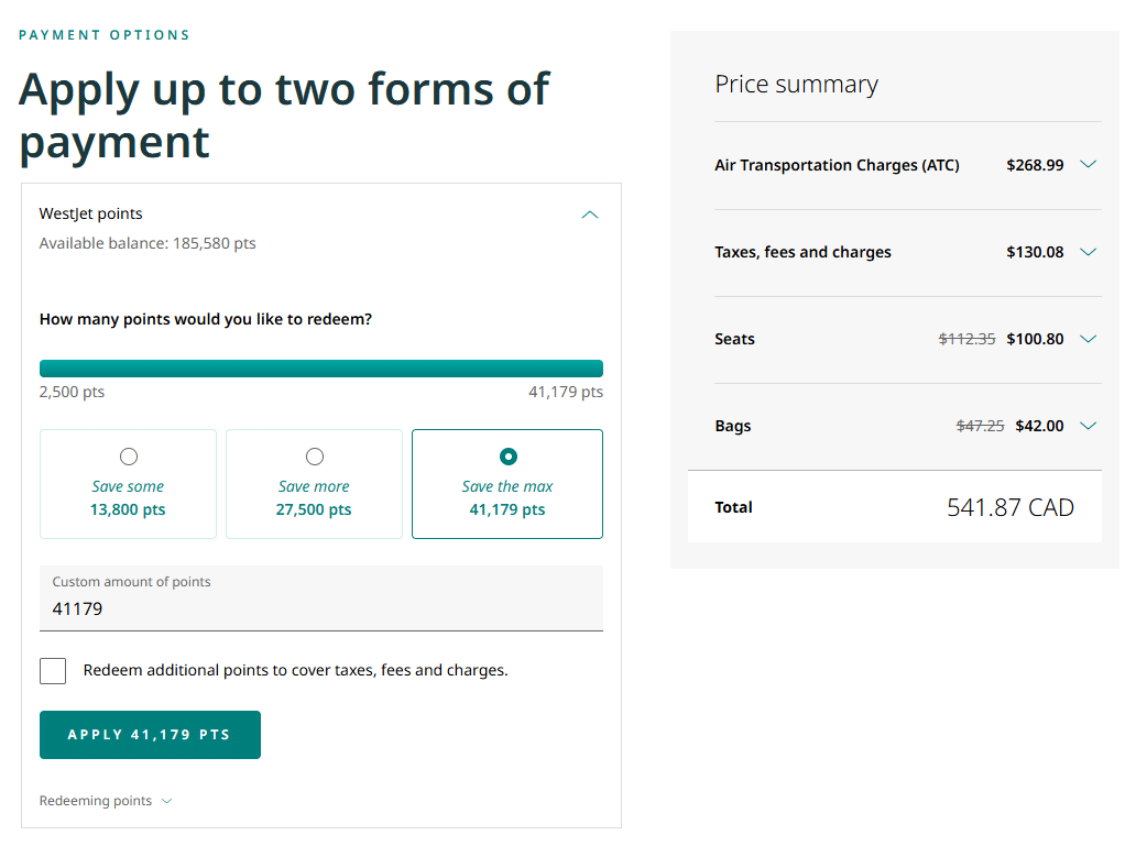 redeeming westjet points for seat selection and baggage fees