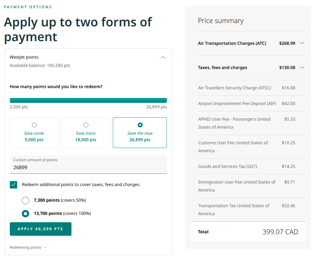 redeeming westjet points for taxes and fees on flight redemption