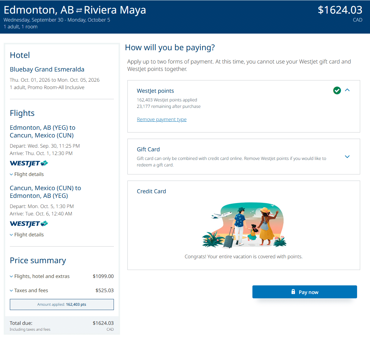 redeeming westjet points to pay for westjet vacations package