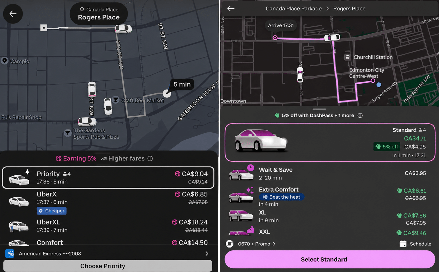 uber vs lyft price comparison in downtown edmonton