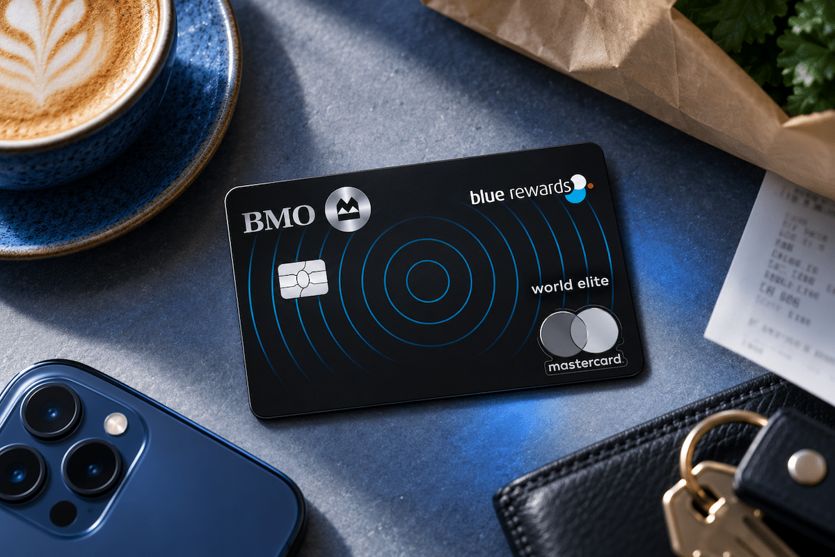 BMO blue rewards world elite mastercard flat laying on counter with groceries wallet